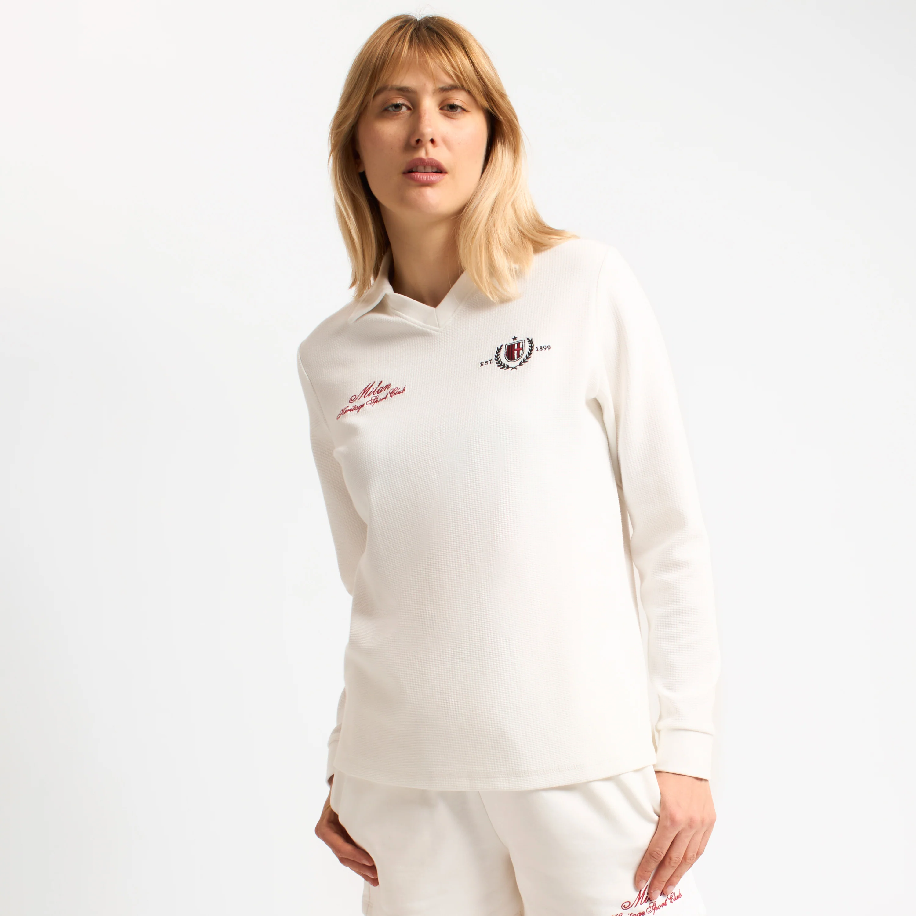 POLO MILAN A MANICHE LUNGHE BIANCA DONNA CON RICAMO - Image 3