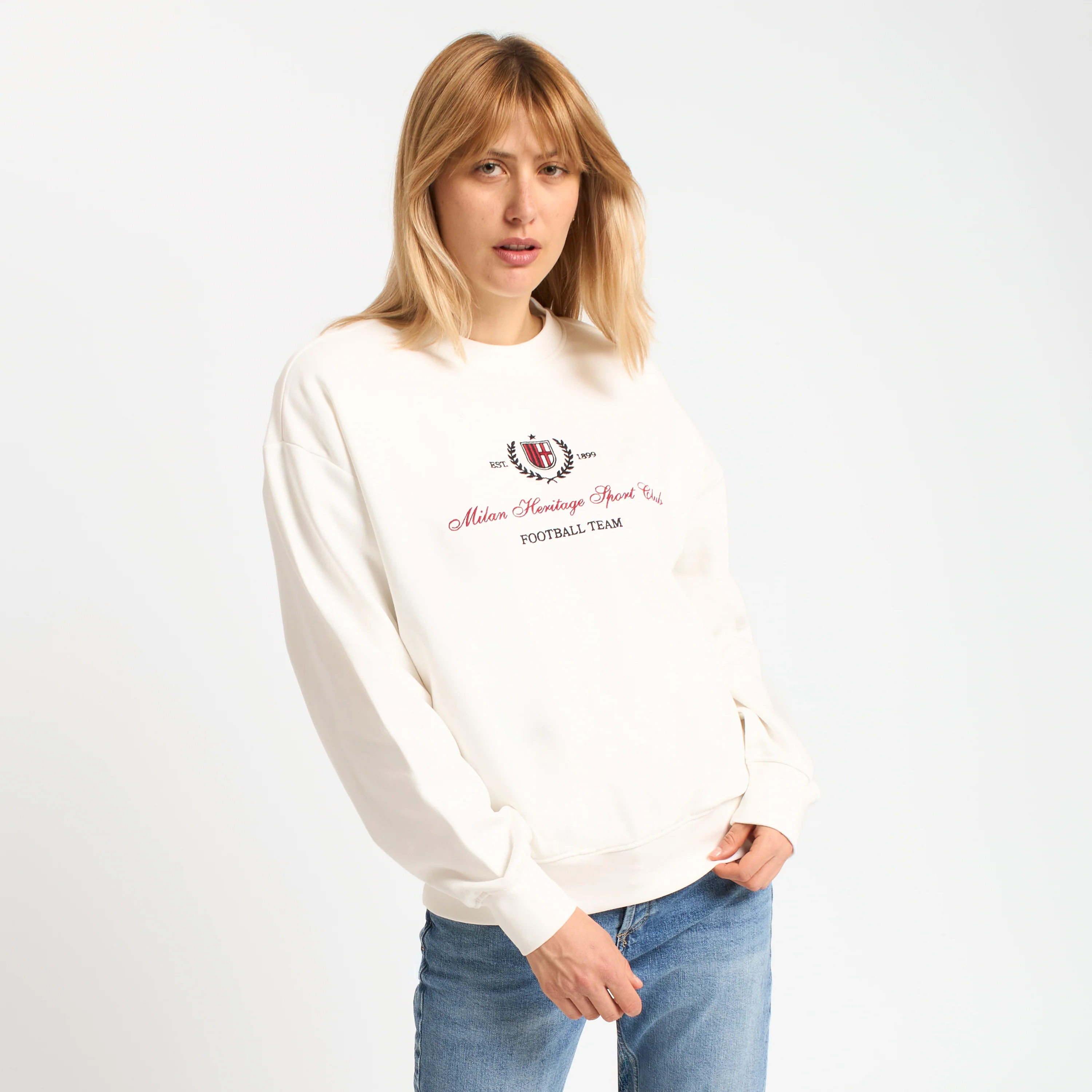 FELPA MILAN GIROCOLLO BIANCA DONNA CON RICAMO - Image 3